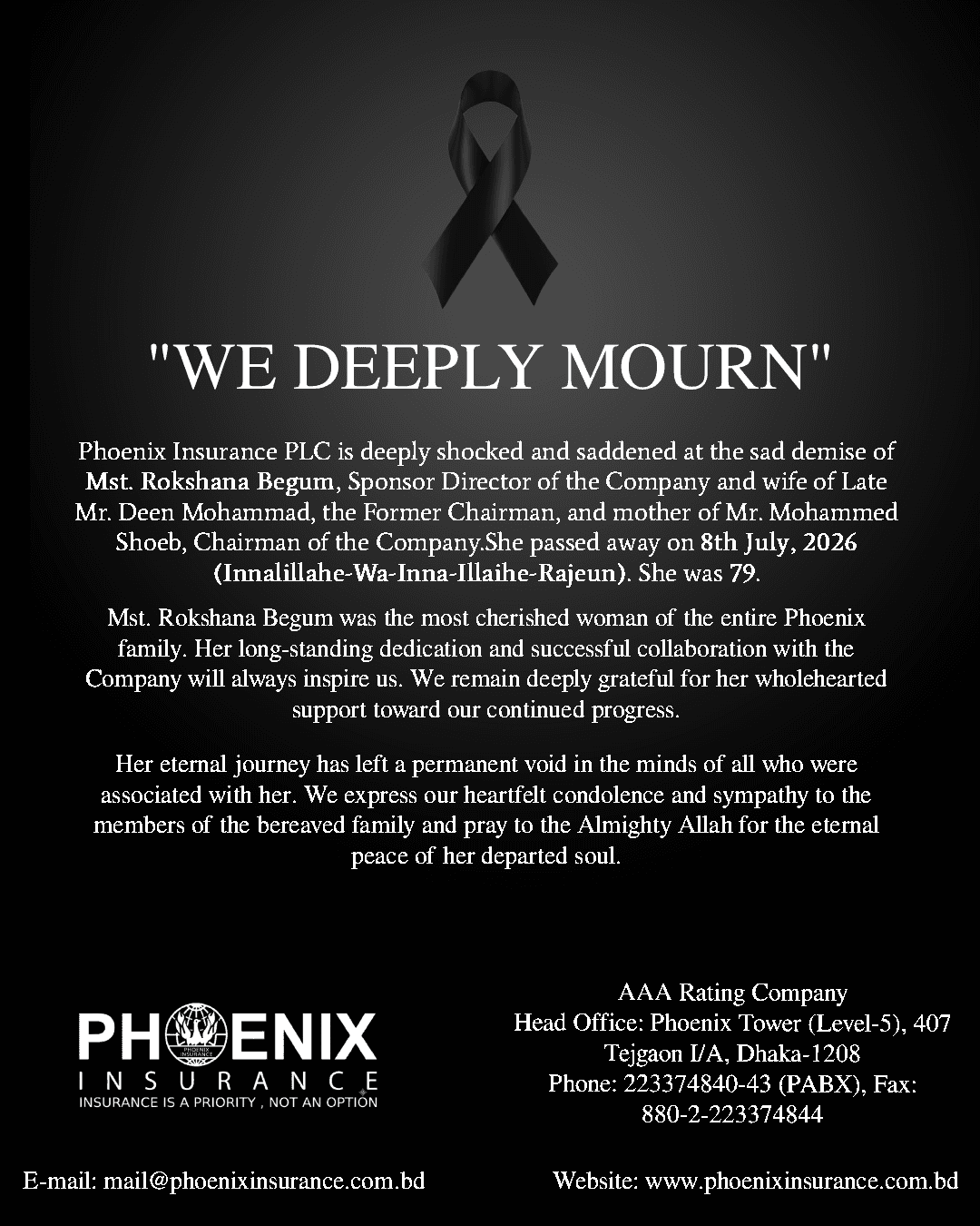 We Deeply Mourn | The Passing of Mst. Rokshana Begum